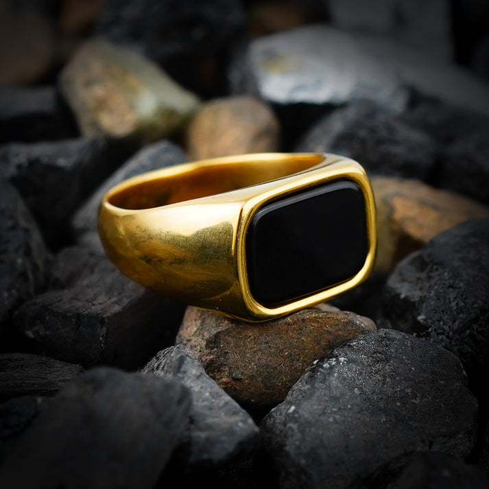 black stone golden rolex ring