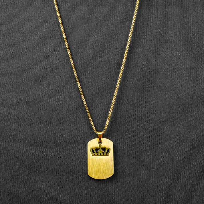 Golden Engraving Crown Rectangle pendant with Roundcut chain