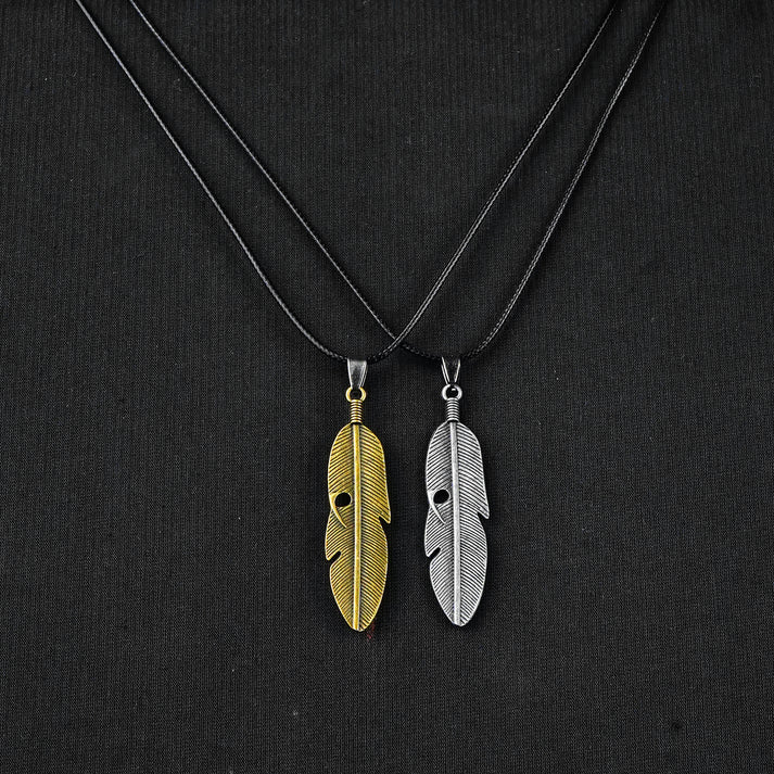 Pair of Golden & Silver Feather pendant with Black rope